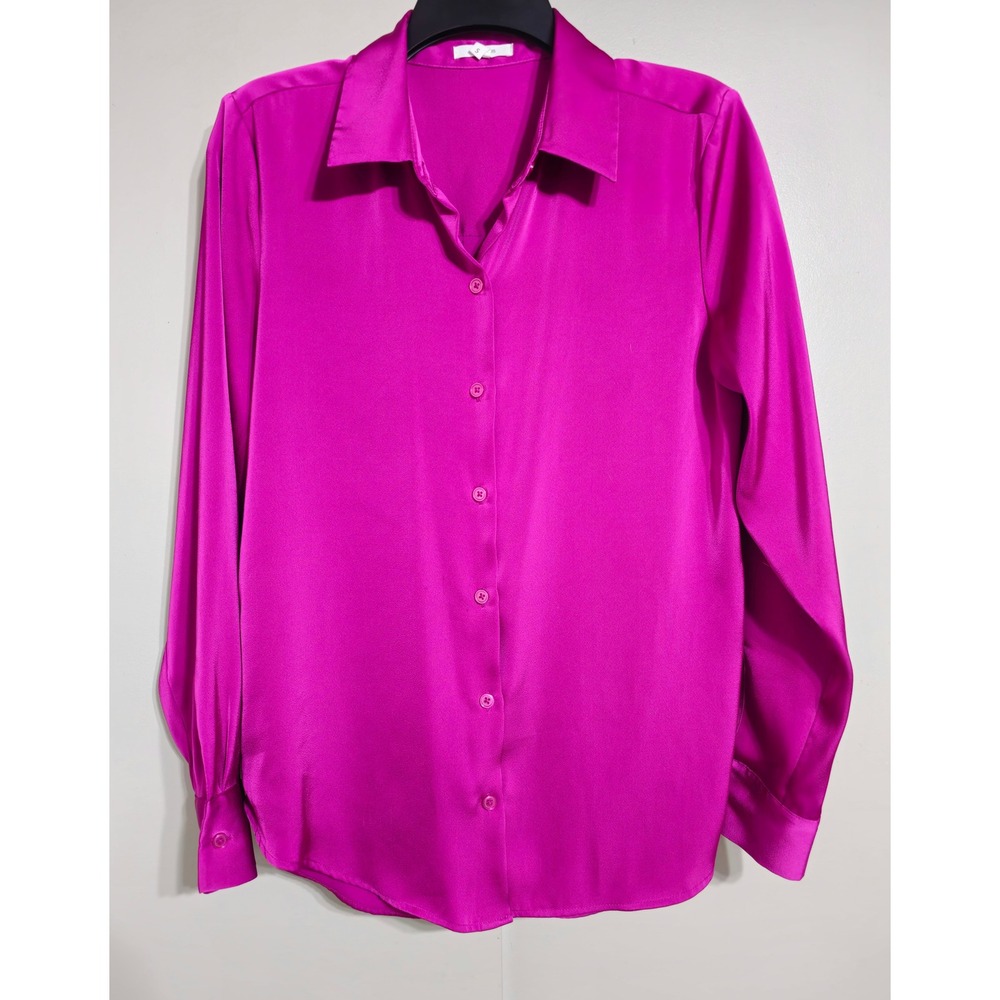 Maurices Magenta Pink Satin Button Down Shirt Long Sleeve Collared Blouse Small